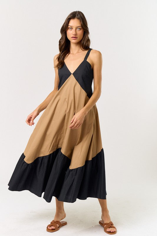 Black|Tan Colorblock Maxi Dress M
