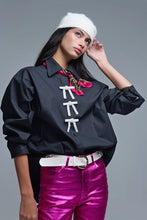 Load image into Gallery viewer, Black Oversized Poplin White Beaded Bow Buttons