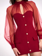 Load image into Gallery viewer, Burgundy Mesh Lantern Sleeve Mini Dress