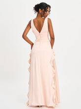 Load image into Gallery viewer, Tala Peach Ruched Waist Double High Slit Maxi Gown