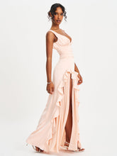 Load image into Gallery viewer, Tala Peach Ruched Waist Double High Slit Maxi Gown
