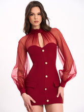 Load image into Gallery viewer, Burgundy Mesh Lantern Sleeve Mini Dress