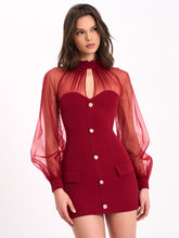 Load image into Gallery viewer, Burgundy Mesh Lantern Sleeve Mini Dress