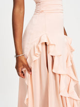 Load image into Gallery viewer, Tala Peach Ruched Waist Double High Slit Maxi Gown