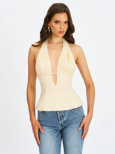 Load image into Gallery viewer, Quinzella Butter Yellow Linen Plunging Halter Top