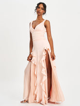 Load image into Gallery viewer, Tala Peach Ruched Waist Double High Slit Maxi Gown