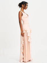 Load image into Gallery viewer, Tala Peach Ruched Waist Double High Slit Maxi Gown