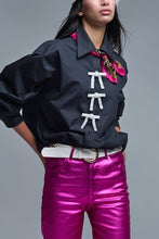 Load image into Gallery viewer, Black Oversized Poplin White Beaded Bow Buttons