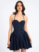 Load image into Gallery viewer, Navy Blue Pinstripe Halter Drop Waist Mini Dress
