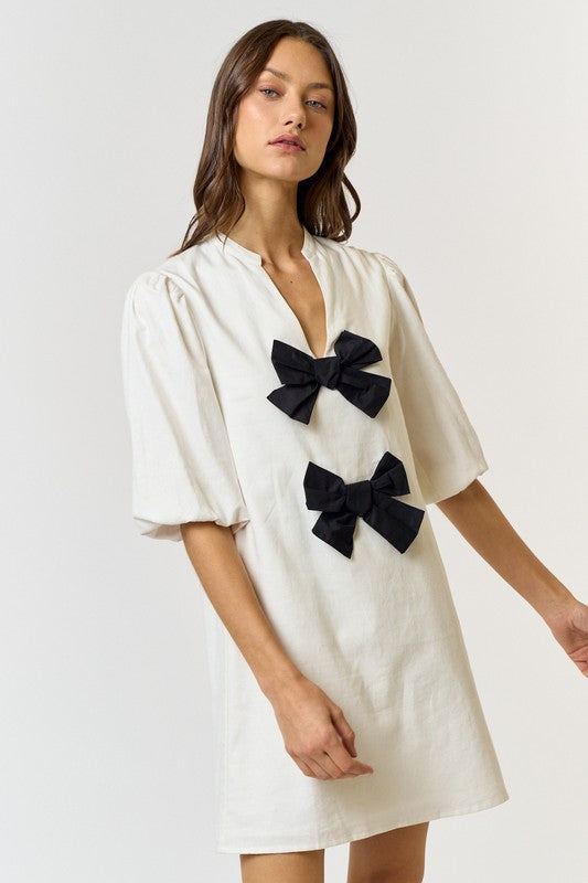 knee length dresses for ladies Black Bow Linen Shirt Dress – V I T T A