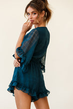 Load image into Gallery viewer, Teal Ruffle Tie Romper
