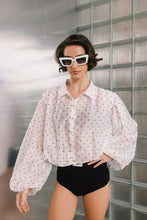 Load image into Gallery viewer, Ivory Polka Dot Silk Blouse With Balloon Sleeves
