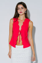 Load image into Gallery viewer, Linen Scalloped Trim Front Tie Sleeveless Top- Red
