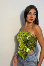 Load image into Gallery viewer, Asymmetrical Strapless Lime Glam Top
