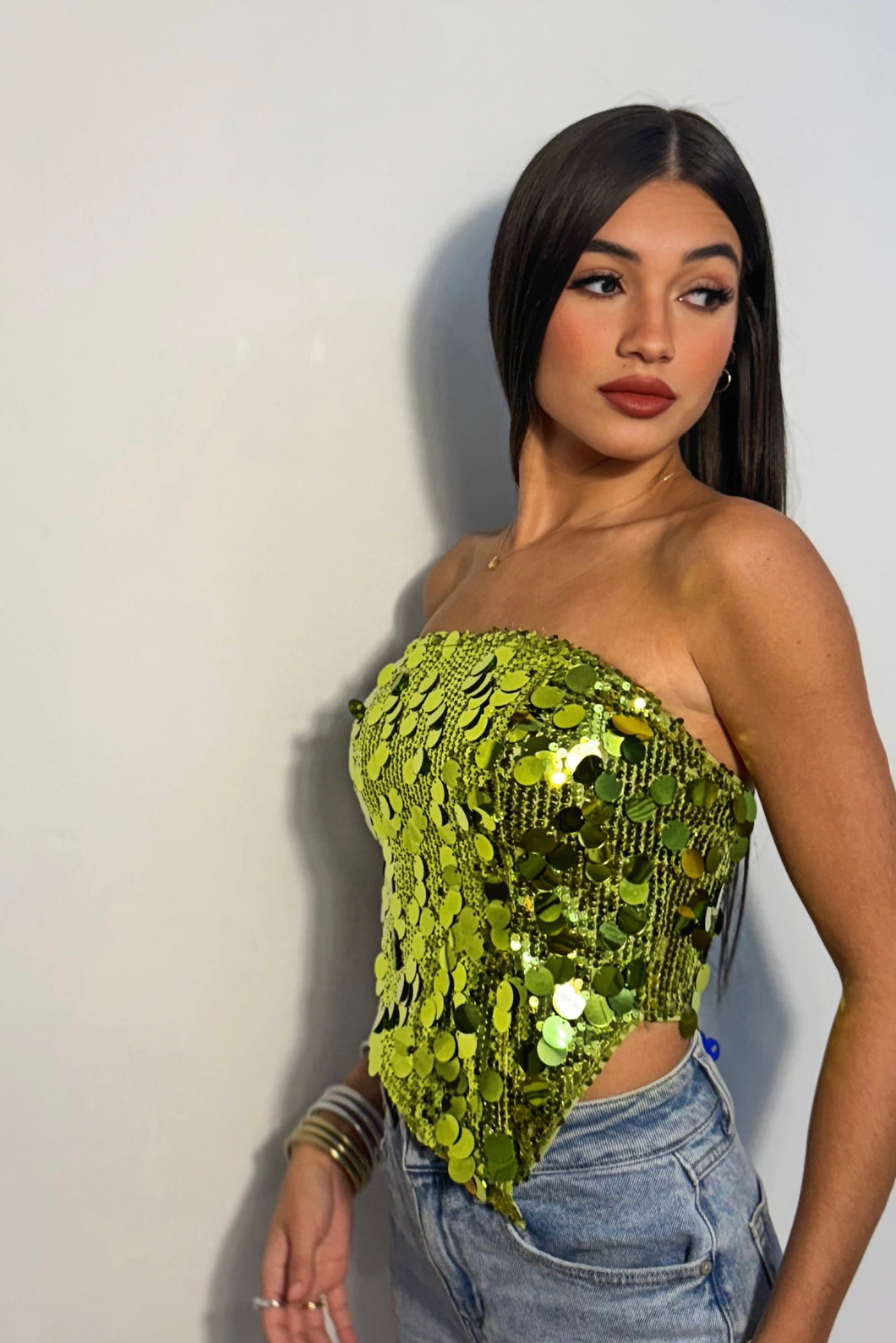 Asymmetrical Strapless Lime Glam Top