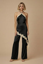 Load image into Gallery viewer, Black Satin Lace Halter Jumpsuit
