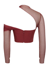 Load image into Gallery viewer, Burgundy Mesh Sleeve Corset Top
