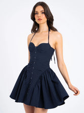Load image into Gallery viewer, Navy Blue Pinstripe Halter Drop Waist Mini Dress
