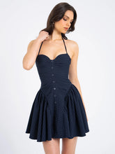 Load image into Gallery viewer, Navy Blue Pinstripe Halter Drop Waist Mini Dress
