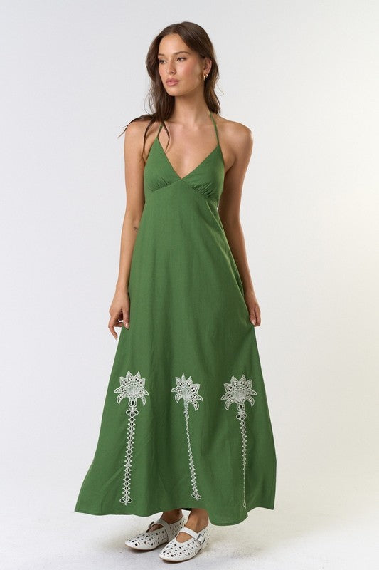 Halter Embroidered Green Maxi Dress