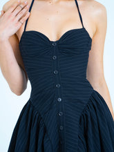 Load image into Gallery viewer, Navy Blue Pinstripe Halter Drop Waist Mini Dress
