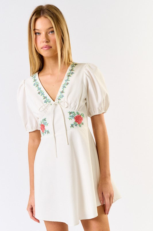 Embroidered Puff Sleeves Mini Dress