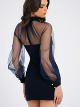 Load image into Gallery viewer, Navy Blue Mesh Lantern Sleeve Mini Dress
