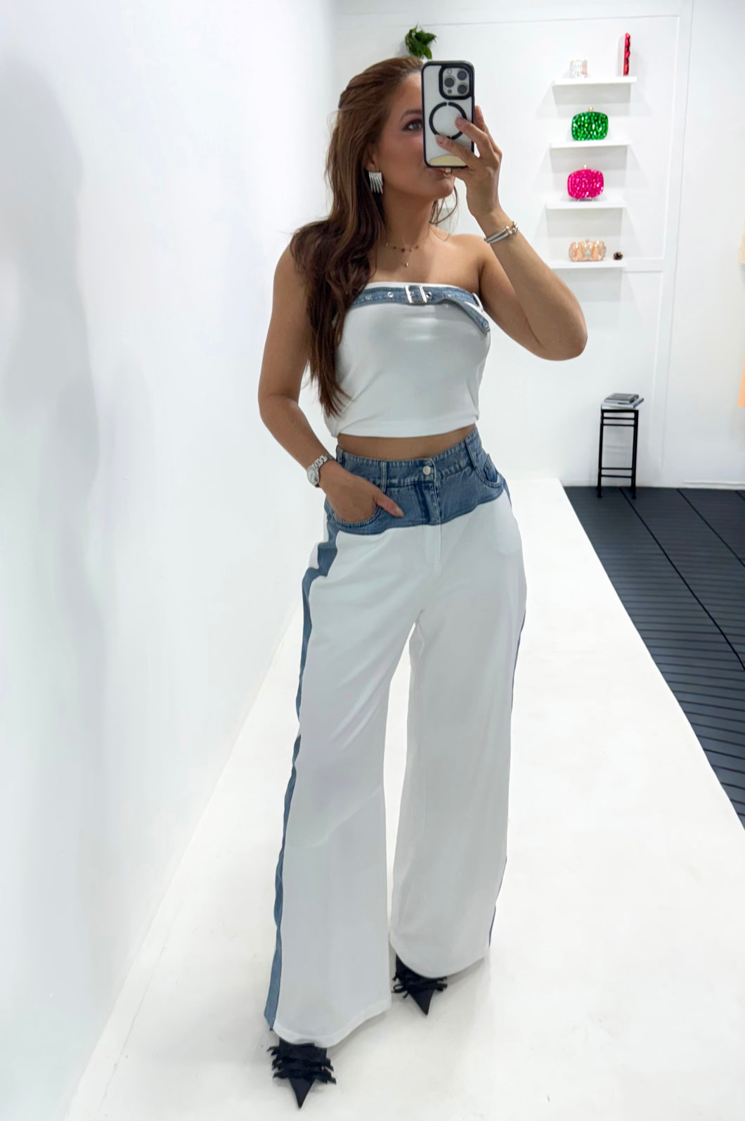 Camila Denim|White Pant Set