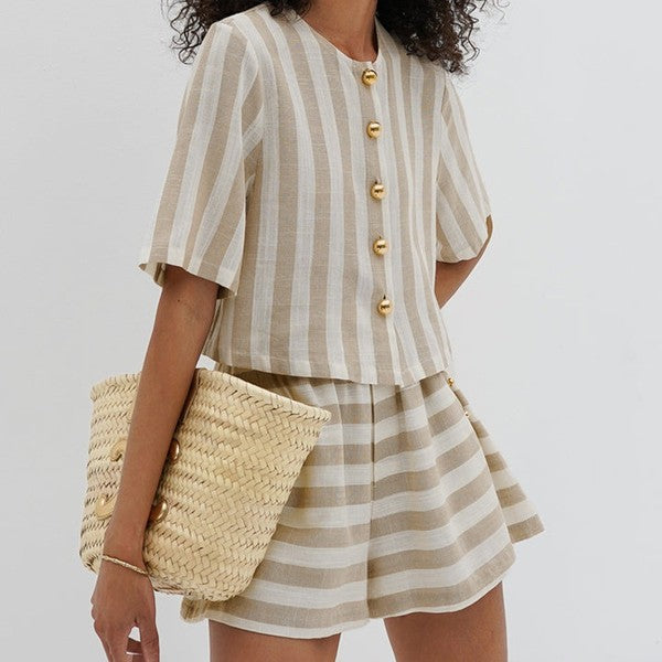 Stripe Linen Natural Top + Short Set