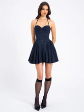 Load image into Gallery viewer, Navy Blue Pinstripe Halter Drop Waist Mini Dress

