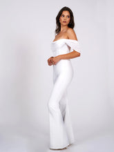 Load image into Gallery viewer, White Off Shoulder Flared Crepe Jumpsuit
