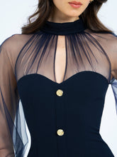 Load image into Gallery viewer, Navy Blue Mesh Lantern Sleeve Mini Dress
