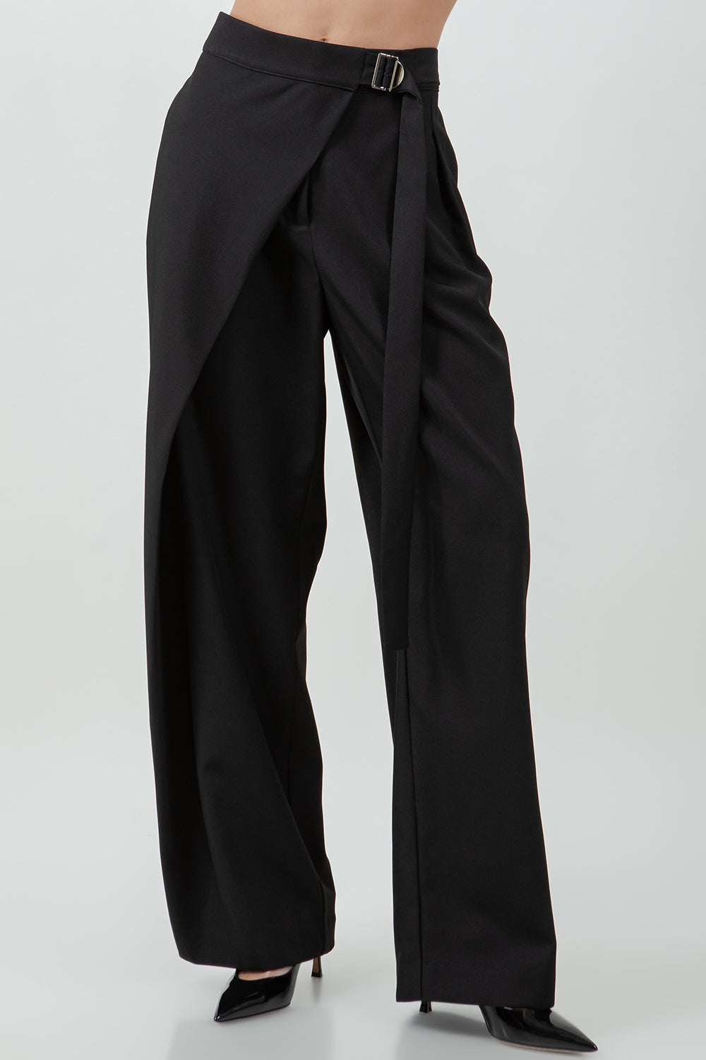 Pleated Wrap Over Adjustable Belt Trousers - Black