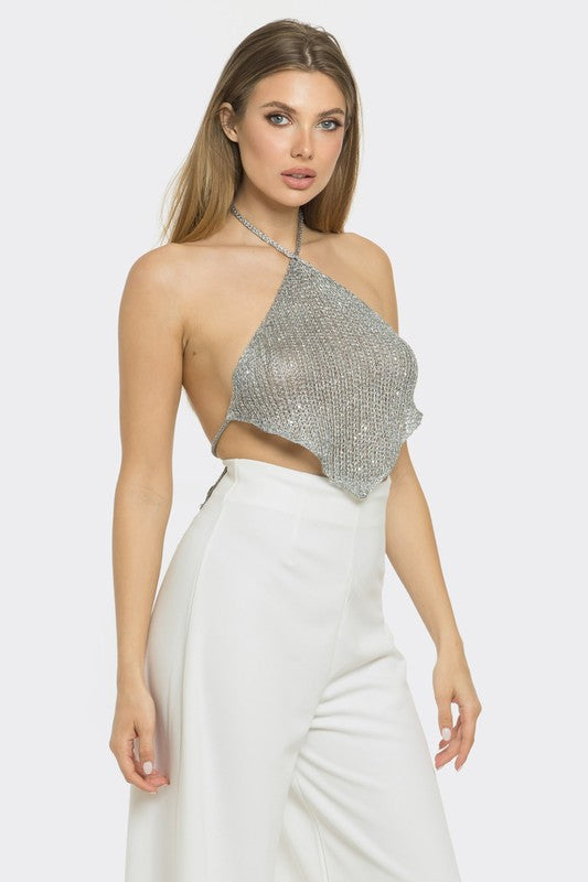 Silver Sequin Knit Halter Tie Top