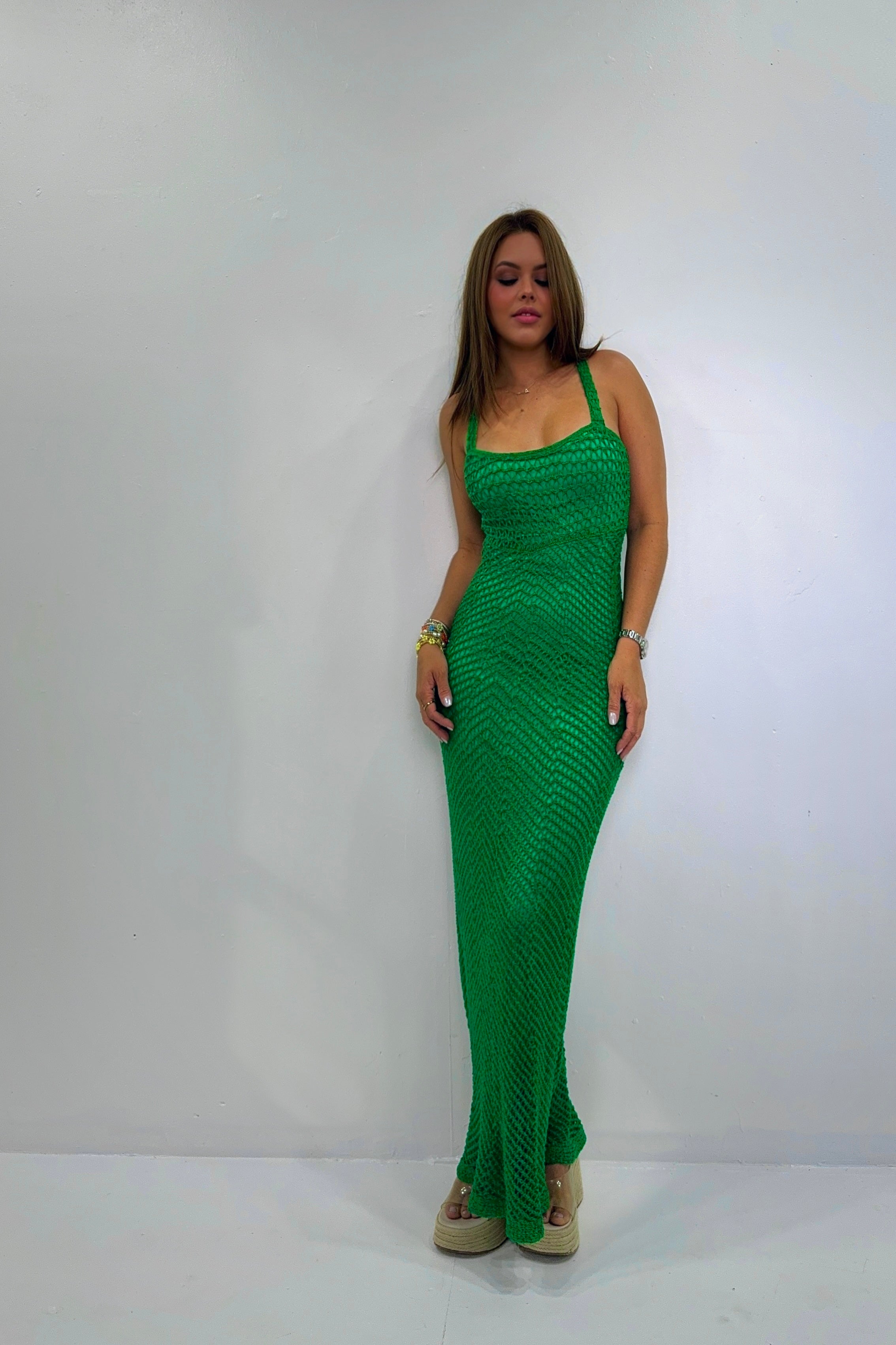 Emerald Green Crochet Maxi Dress M