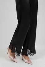 Load image into Gallery viewer, Black Satin Lace Hem Pant
