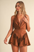 Load image into Gallery viewer, Fringed Suede Cowl Halter Neck Ruffled Romper- Camel
