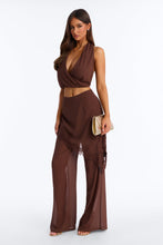 Load image into Gallery viewer, Drape Top + Scarf Waist Pant Set- Brown

