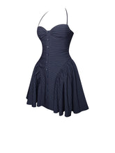 Load image into Gallery viewer, Navy Blue Pinstripe Halter Drop Waist Mini Dress
