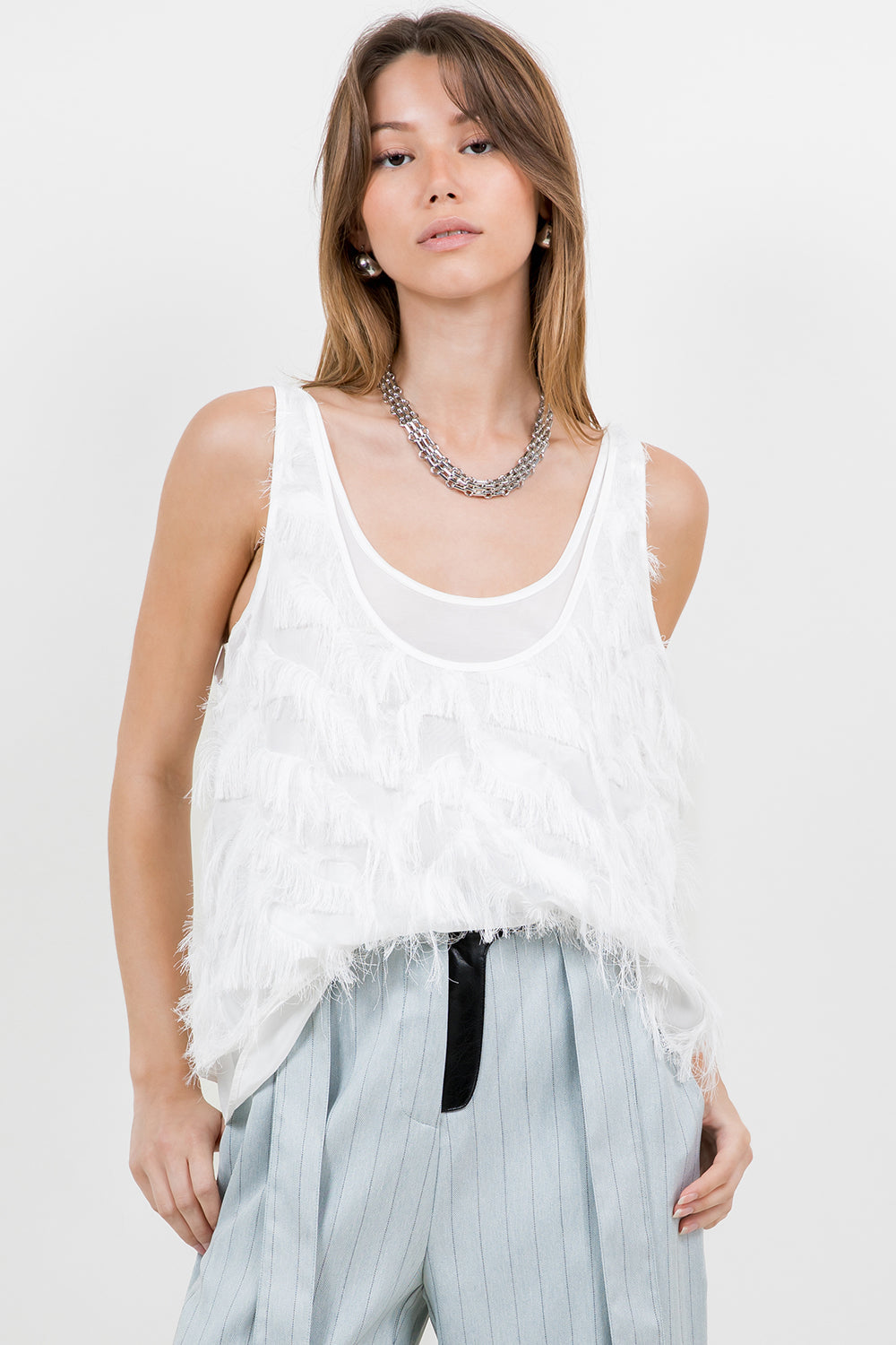 Textured Fringe Double Layer Tank Top - White