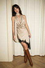Load image into Gallery viewer, Khaki | Black Satin Lace Trim Scarf Dress
