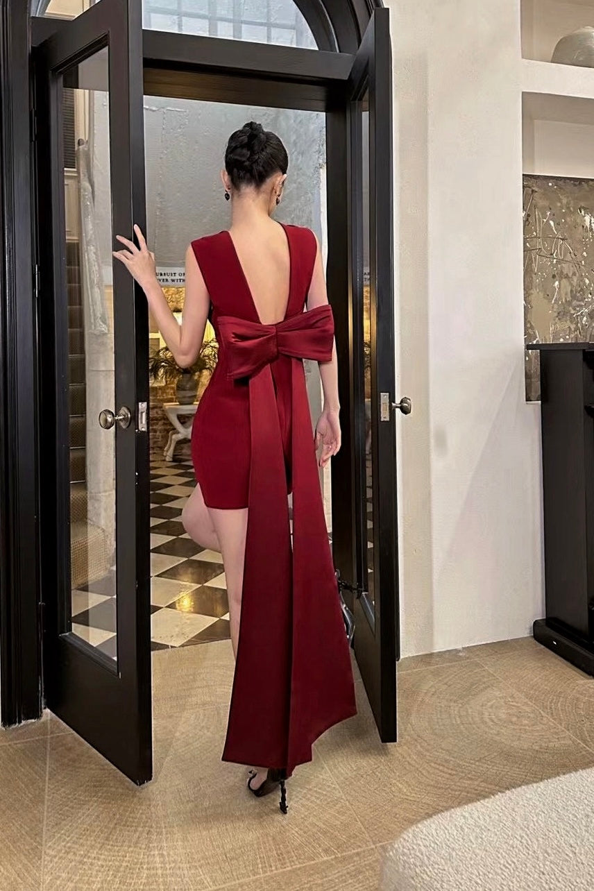 Open Back Bow Burgundy Dress