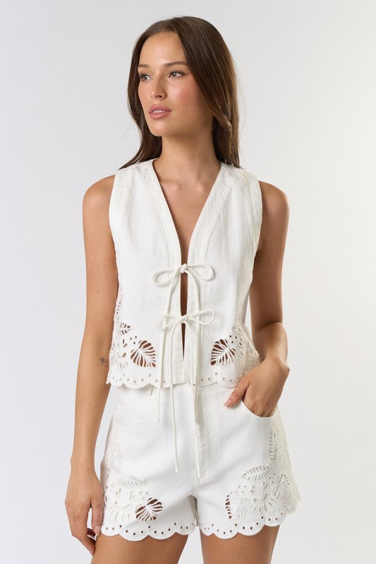 Front Tie Embroidered Vest Top