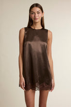 Load image into Gallery viewer, Espresso Satin Sleeveless Lace Trim Mini Dress
