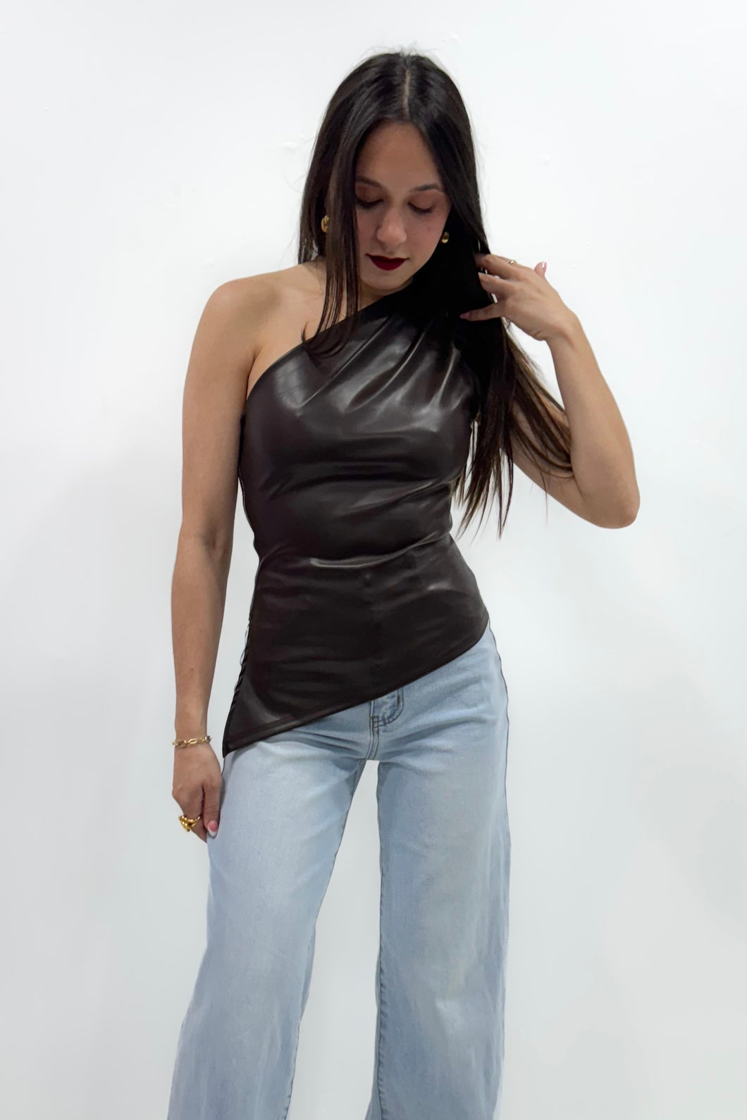 Brown One-Shoulder Leather Top