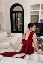 Load image into Gallery viewer, Open Back Bow Burgundy Dress
