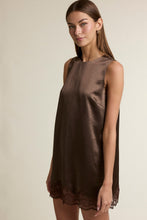 Load image into Gallery viewer, Espresso Satin Sleeveless Lace Trim Mini Dress
