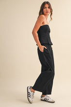 Load image into Gallery viewer, Pleated Strapless Peplum Barrel Jumpsuit- Black

