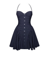 Load image into Gallery viewer, Navy Blue Pinstripe Halter Drop Waist Mini Dress
