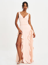 Load image into Gallery viewer, Tala Peach Ruched Waist Double High Slit Maxi Gown
